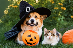 Dog and cat outdoors next to pumpkin with the dog wearing a witch Halloween costume