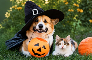 Dog and cat outdoors next to pumpkin with the dog wearing a witch Halloween costume