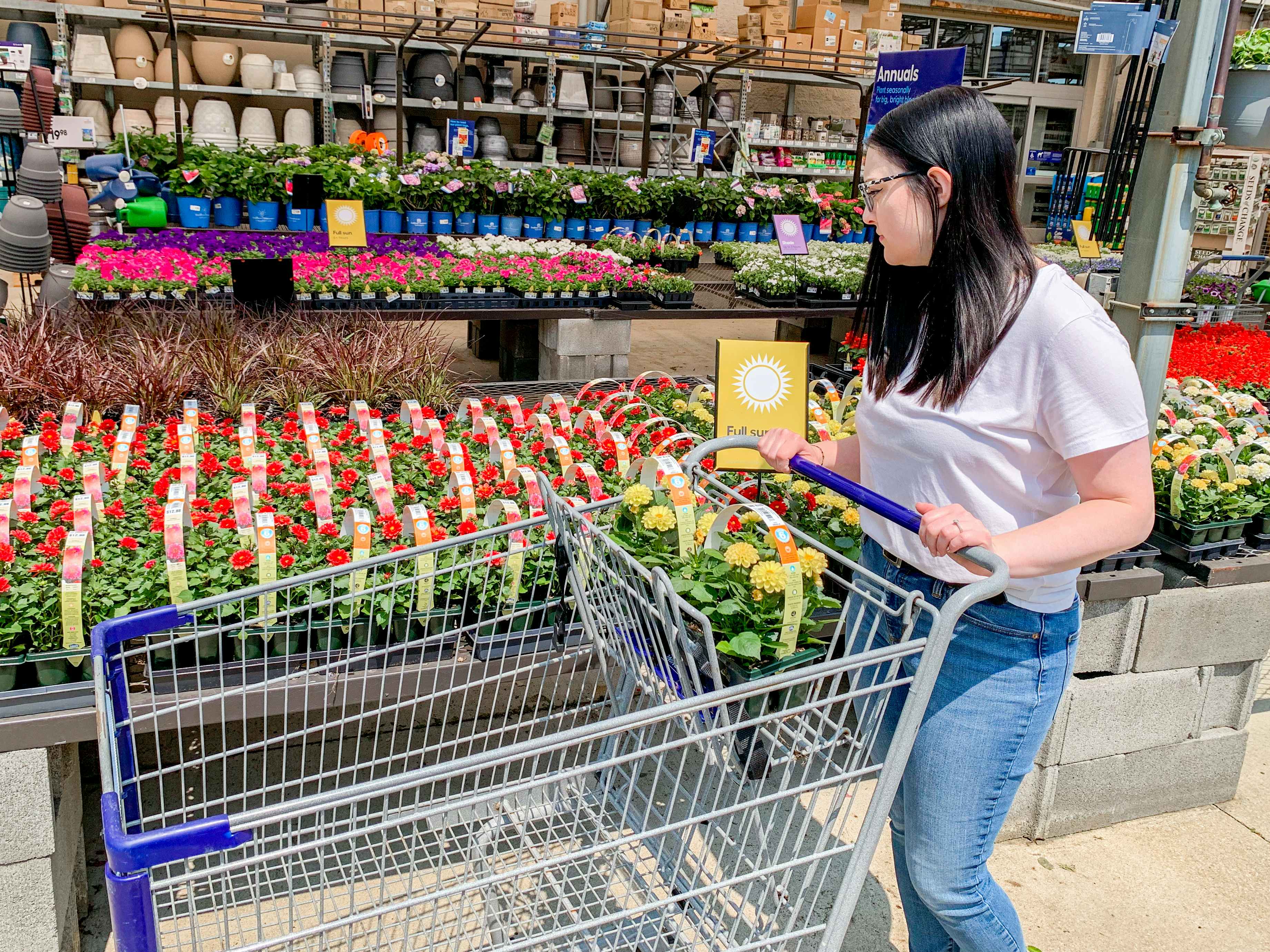 a person looking at flowers while pushing a cart a lowe's