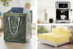 Lifestyle image of storage bag, bedding and coffee maker