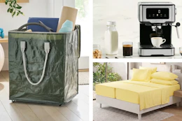 Lifestyle image of storage bag, bedding and coffee maker