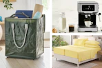 Lifestyle image of storage bag, bedding and coffee maker