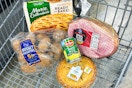 kroger ham, kroger pie, marie callender's, russet potatoes, del monte in a shopping cart