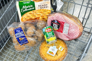 kroger ham, kroger pie, marie callender's, russet potatoes, del monte in a shopping cart