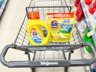 one Tide Simply liquid laundry detergent and one Tide Simply pods in shopping cart