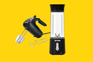 art and cook blender and hand mixer on yellow background