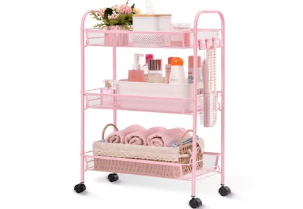 Pink 3-Tier Mesh Rolling Cart