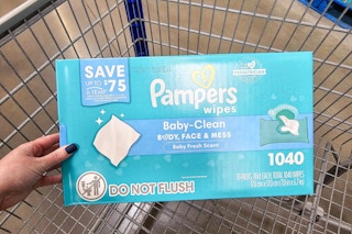 box of pampers baby wipes in a cart