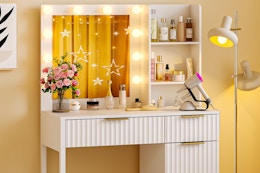 white vanity and mirror