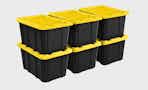 Stock image of six Sterilite Storage Bins (27 gallon) black with yellow lids