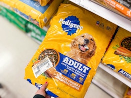 hand grabbing a pedigree dog food bag off a target shelf