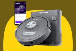 Shark PowerDetect Self-Empty Robot Vacuum on a blue background.