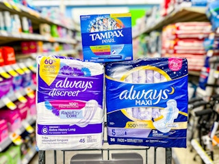 tampax tampons and always pads on a shopping cart