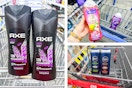collage image of axe, softsoap, and nivea body wash