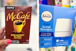coffee pods and febreze scent booster at walgreens in a  collage