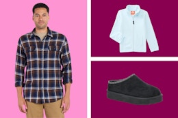 George men's flannel top, Ozark trail light blue kids' jacket, black women's Pawz slippers