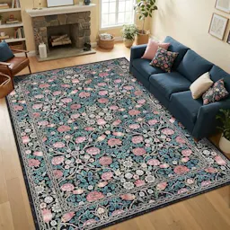 Blue Floral Washable Rug
