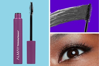 An open tube of Almay Mascara, a mascara brush smearing, an eye wearing mascara