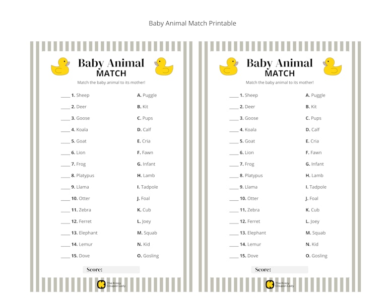 Baby Animal Match printable game