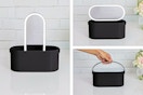3 lifestyle images of the Thinkspace Beauty Storage Organizer with LED Mirror