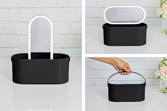 3 lifestyle images of the Thinkspace Beauty Storage Organizer with LED Mirror