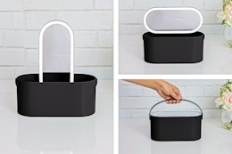 3 lifestyle images of the Thinkspace Beauty Storage Organizer with LED Mirror