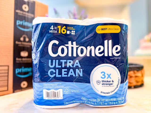 Cottonelle Ultra Clean Toilet Paper: 4 Mega Rolls for $3.49 on Amazon card image