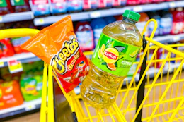 lipton and cheetos in a yellow shopping cart
