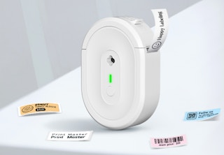 a teal label maker next to labels and jars