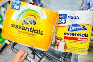 charmin and bounty in a walgreens shopping cart