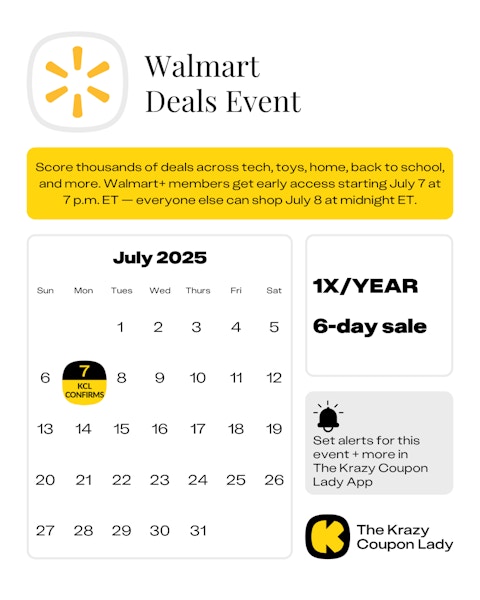 Calendar graphic of Walmart Deals Event that is confirmed for July 7, 2025