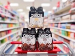 3 oikos protein shakes 4-packs sitting on top a target cart
