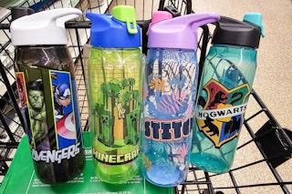 4 licensed character water bottles in a cart