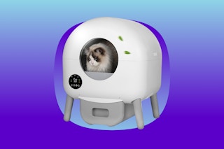 Large white almost-spherical cat litter box with grey legs