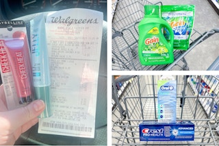 collage image of crest toothpaste, gain detergent, and maybelline blush
