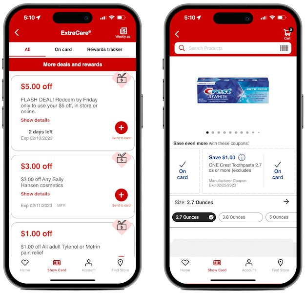 Two phones showing coupons on the CVS app