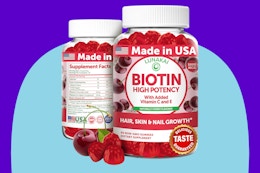 Lunakai USA Made Biotin Gummies on a blue background.