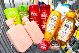 Shopping cart with l'oreal, garnier, kiss, dove, and monday haircare