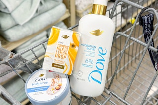 Dove body scrub, body wash, and soap bar