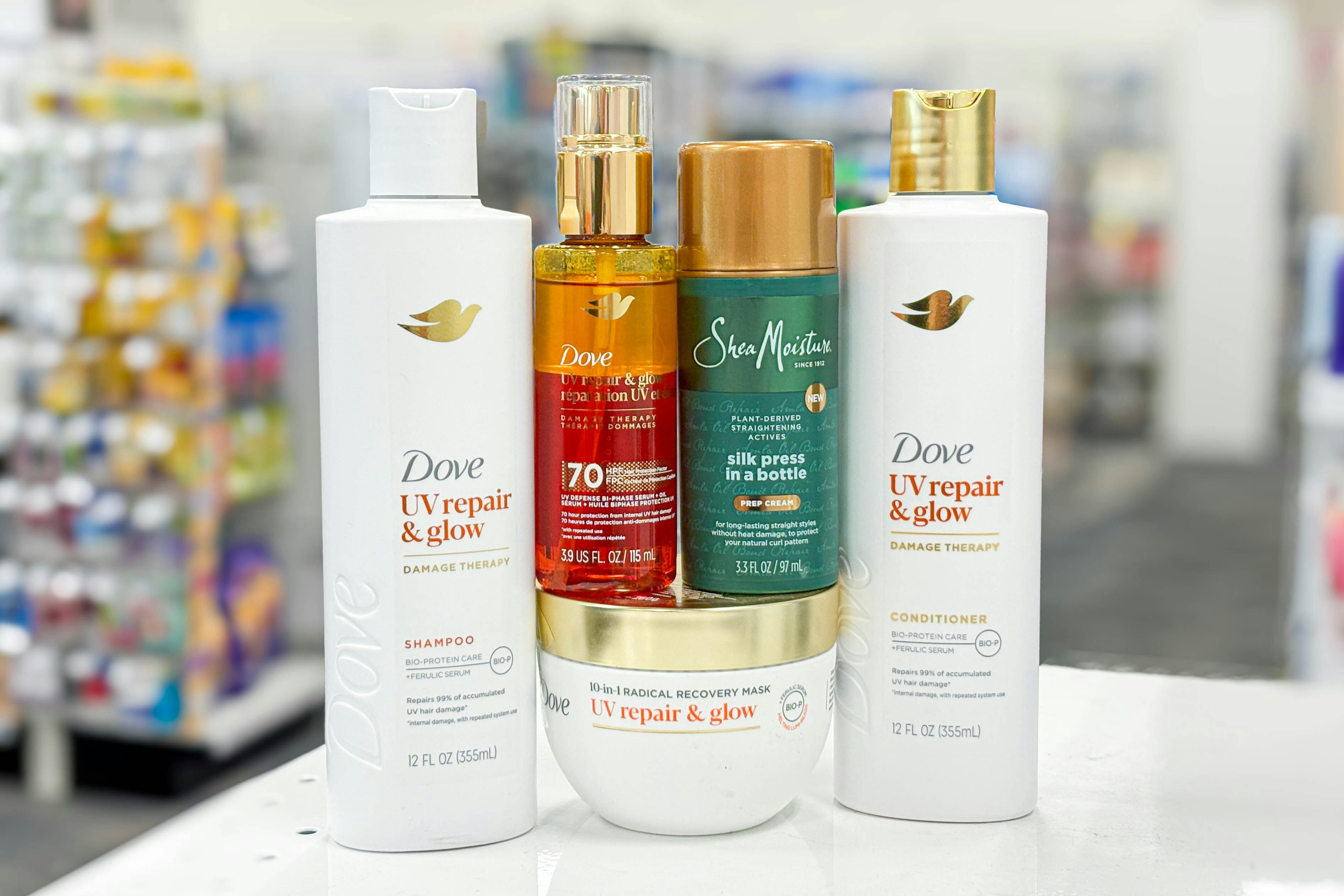 dove and sheamoisture hair care on a store counter