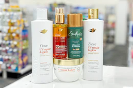dove and sheamoisture hair care on a store counter