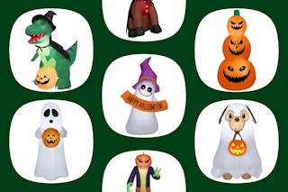 Halloween inflatables with ghosts, jack o lantern, ghoul, and dinosaur