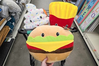 hamburger, french fries, and cupcake plushes in a cart