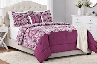 Lifestyle image of the Mainstays 5-Piece Comforter Set in Purple Jacquard
