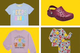 Peeps shirt, Pokemon sweatshirt and pajamas, Crocs clogs