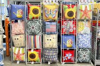 Hampton Bay Outdoor Throw Pillow in stores at Home Depot