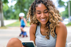 a mom on her phone with a child rollerskating in the background