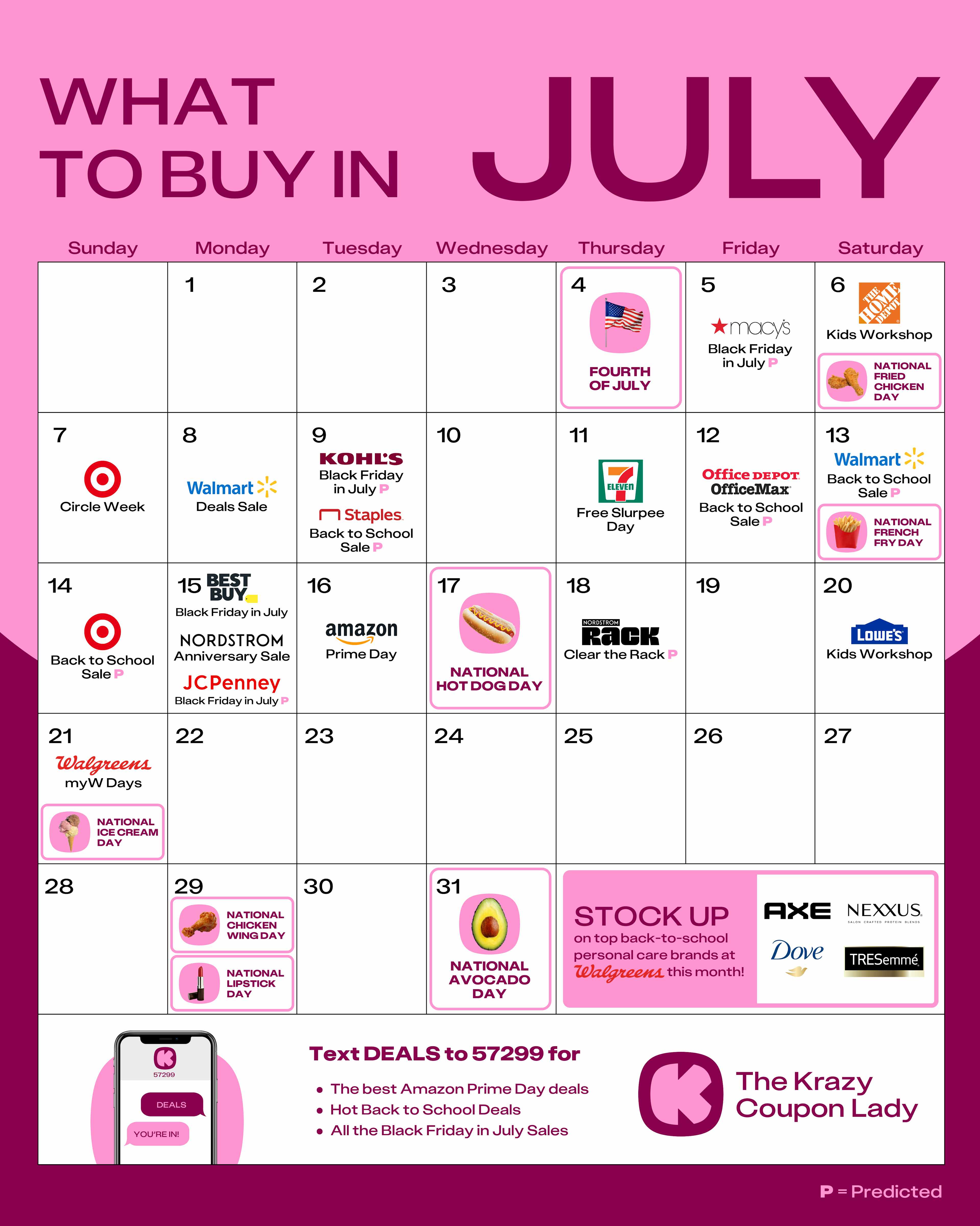 a calendar showing what to buy in july