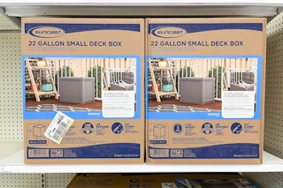 suncast 22-gallon deck boxes sitting on a target shelf