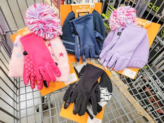 4 sets of kids winter hats & gloves in a cart